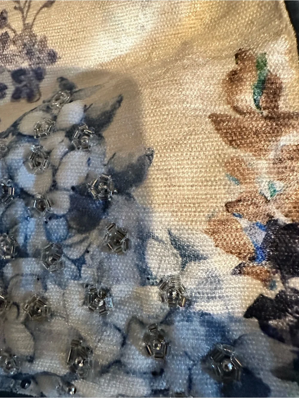 Floral Hydrangea beaded table runner in Cream, tan and Blue